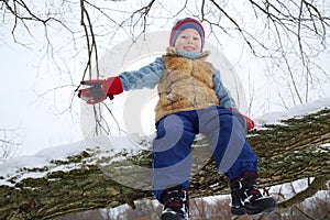 Little boy sits on thick branch of tree and waves