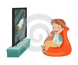 Little Boy Sitting in Armchair Watching Cartoon Film on TV Vector Illustration