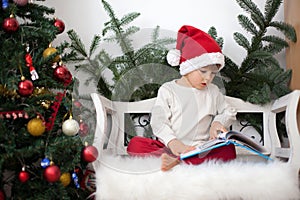 Little boy, sitting on a bench under christmas tree, eating choc