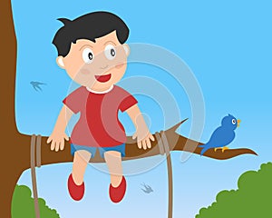 Little Boy Sitting on a Branch