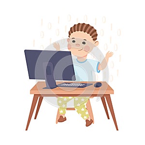 Little Boy Sitting at Computer and Coding Programming and Engineering Smart Technology and Artificial Intelligence