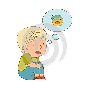 Little Boy Sitting on the Floor with Emoji Face in Bubble Vector Illustration