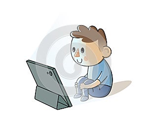 Little boy sitting in front of glowing tablet. Kid`s dependence on a smartphone, gadget or the internet. Flat vector