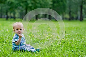 Little boy sitting on grass