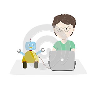 Little boy sitting at his desk and coding with her computer making and programming cute robot. Vector illustration.