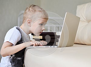 Little boy sitting with laptop on the couch at home