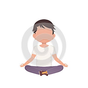 Little boy is sitting in the lotus position. Isolated. Cartoon style.