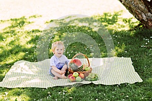 Little boy sitting on a mat having a picnic with a basket full of fruits.