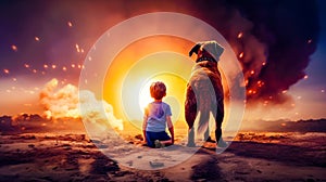 Little boy sitting next to big dog on field of fire. Generative AI