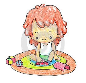 Little boy sitting on a round carpet, playing with toys - a car, tunnel, blocks, ball. Cute child illustration hand