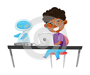 Little Boy Sitting at Table with Laptop and Configurating Robot Vector Illustration