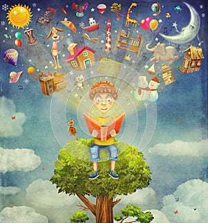 Little boy sitting on the tree and reading book, objects flyi