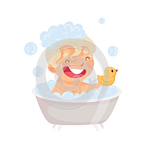 Little Boy Sitting in Tub Full of Foam Taking Bath in Bathroom Washing with Soap Vector Illustration