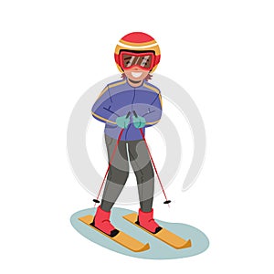 Little Boy Skiing Outdoors Leisure, Winter Sports Activity Isolated on White Background. Child Wear Costume and Goggles