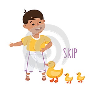 Little Boy Skipping Yellow Duck with Duckling Demonstrating Vocabulary and Verb Studying Vector Illustration