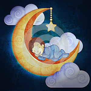 Little boy sleeping on the moon