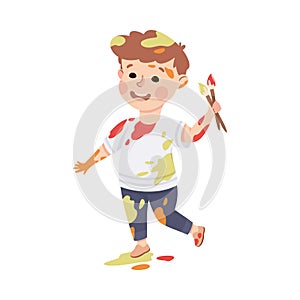 Little Boy Smeared in Paints Holding Artist Brush Vector Illustration