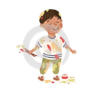 Little Boy Smeared in Paints Holding Artist Brush Vector Illustration