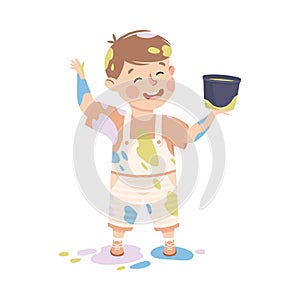 Little Boy Smeared in Paints Holding Bucket Vector Illustration