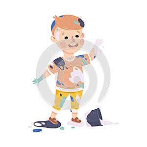 Little Boy Smeared in Paints Near Overturned Bucket Vector Illustration