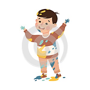Little Boy Smeared in Paints Standing and Waving Hands Vector Illustration