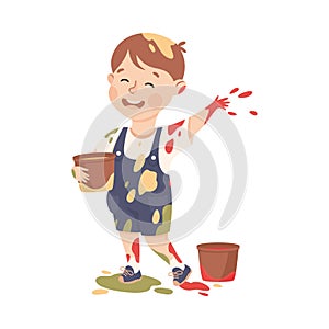 Little Boy Smeared in Paints Throwing Splashes Vector Illustration