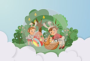 Little boy smile hunting decorative chocolate egg under brush in easter bunny costume with ears and tail, vector