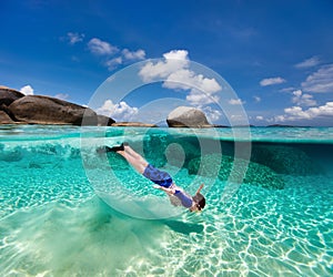 Little boy snorkeling in tropical water