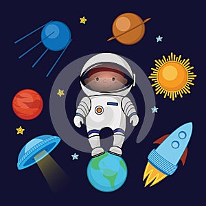 Little boy spaceman in space, rocket satellite UFO planets stars