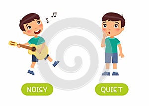 The little boy splaying guitar and the girl is silent. Illustration of opposites noisy and quiet.