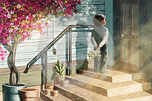 A little boy on the stairs holding flowers in his hands. Hand drawn digital paiting. Art drawing. Moody illustration.