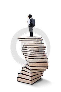 Little boy standing on books stack