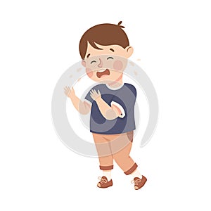 Little Boy Standing and Crying Feeling Sad Vector Illustration