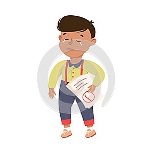 Little Boy Standing and Crying Out Loud Feeling Sad Getting Bad Mark at School Vector Illustration