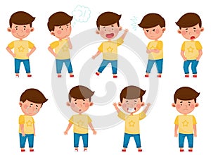 Little Boy Standing with Smile and Thoughtful Expression on His Face Vector Set