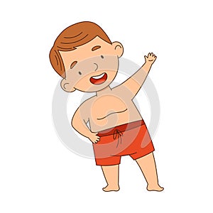 Little Boy Standing in Swimming Trunks Bending Right Vector Illustration