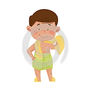 Little Boy Standing with Towel Drying Himself after Having a Shower Vector Illustration