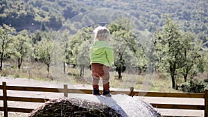 A little boy stands on a haystack against the backdrop of the mountains