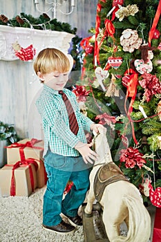 Little boy stands with hobby-horse near decorated photo