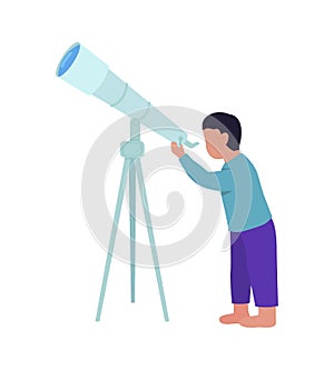 Little boy stargazing with telescope semi flat color vector character