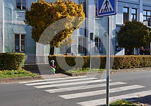 Little boy stopped in fron of zebra crossing