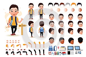 Little Boy Student Character Creation Kit Template with Different Facial Expressions