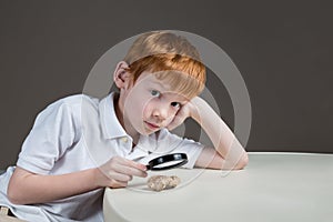 Little boy studying a rock through a magnifying glass