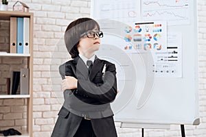 A little boy in glasses and suit presents himself as a businessman. The dark-haired boy plays a rich man.