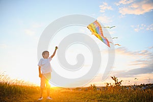 Little boy on summer vacation having fun and happy time flying kite on the field.