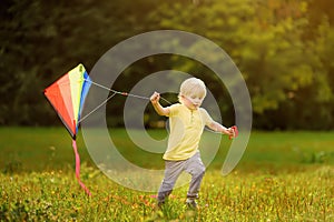 Little boy on a sunny day launches a flying kite.