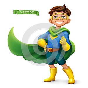 Little boy in superhero costume with green coats. Comic character, vector illustration photo