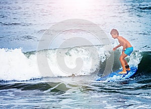 Little boy in surfing school learn to surf waves