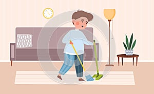 Little boy sweeping the floor