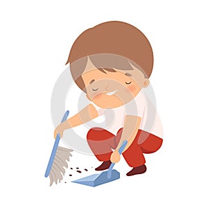 Little Boy Sweeping Floor with Brush on His Own Vector Illustration